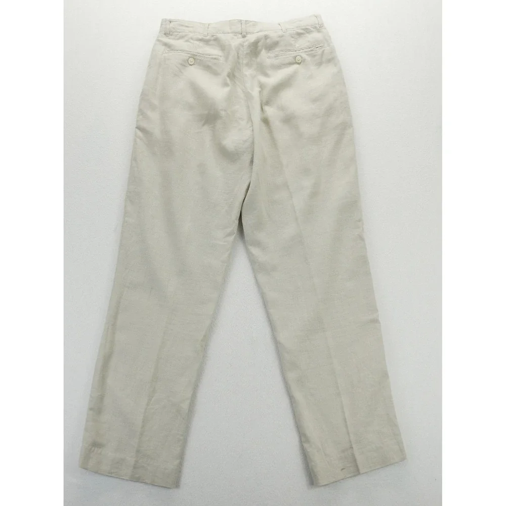 Alan Flusser Mens Linen Blend Flat Front Trousers Beige Stone 32x32 Straight Leg